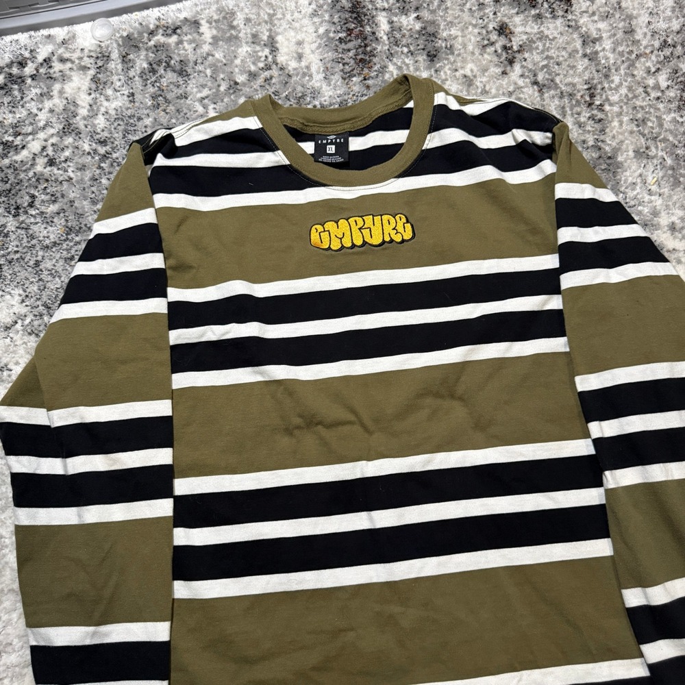 Empyre Mens XL Long Sleeve Striped Shirt Olive Black White Embroidered Logo